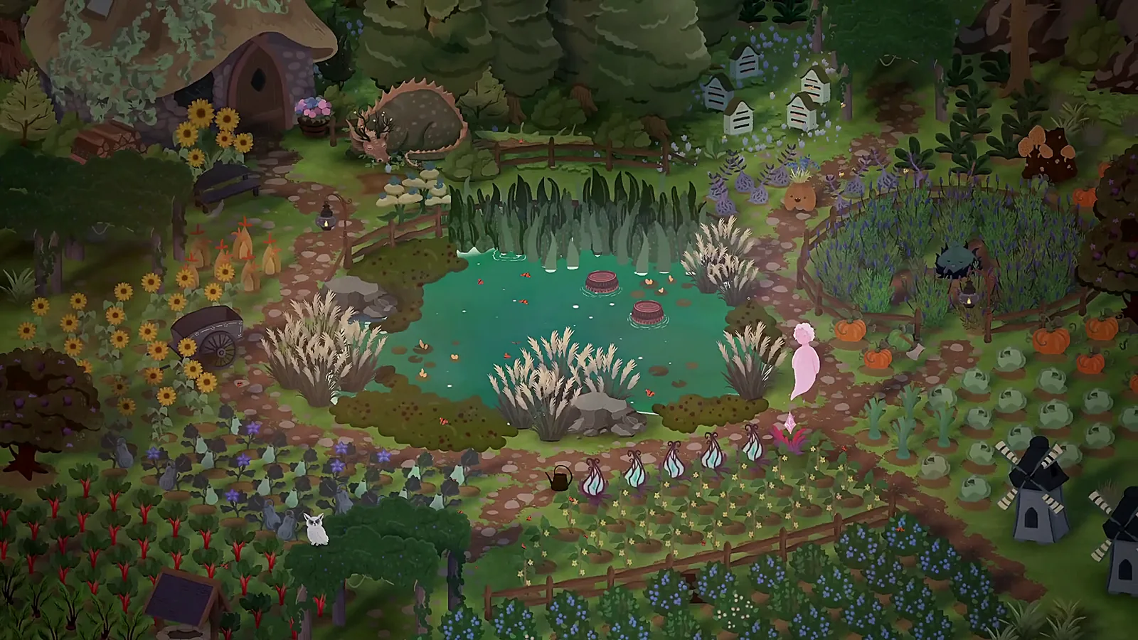 Official screenshot of the university garden, planted beds and a pond