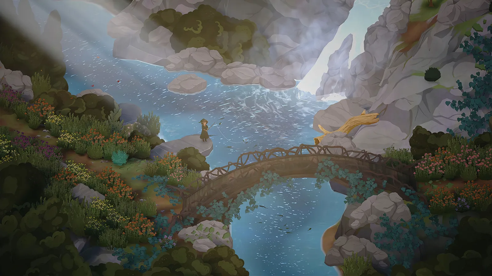 Official screenshot of a student fishing beside a stream